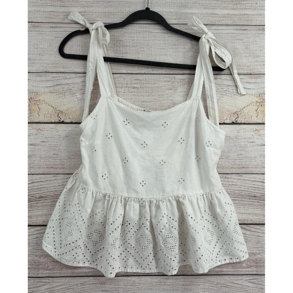 Madewell Tops - Madewell Eyelet Peplum Tank Top Womens Large White Tie Shoulder Smocked